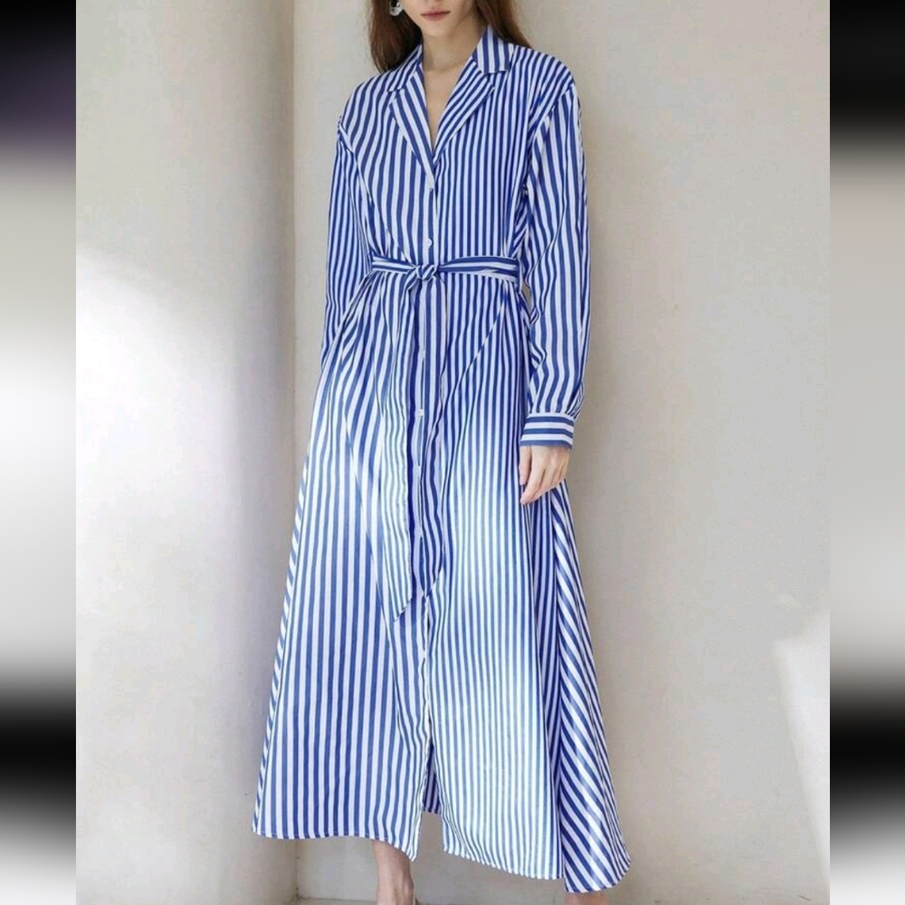 Minimalist Style Contrast Striped Tie-Waist Puff Sleeve Dress,High-End Relaxed